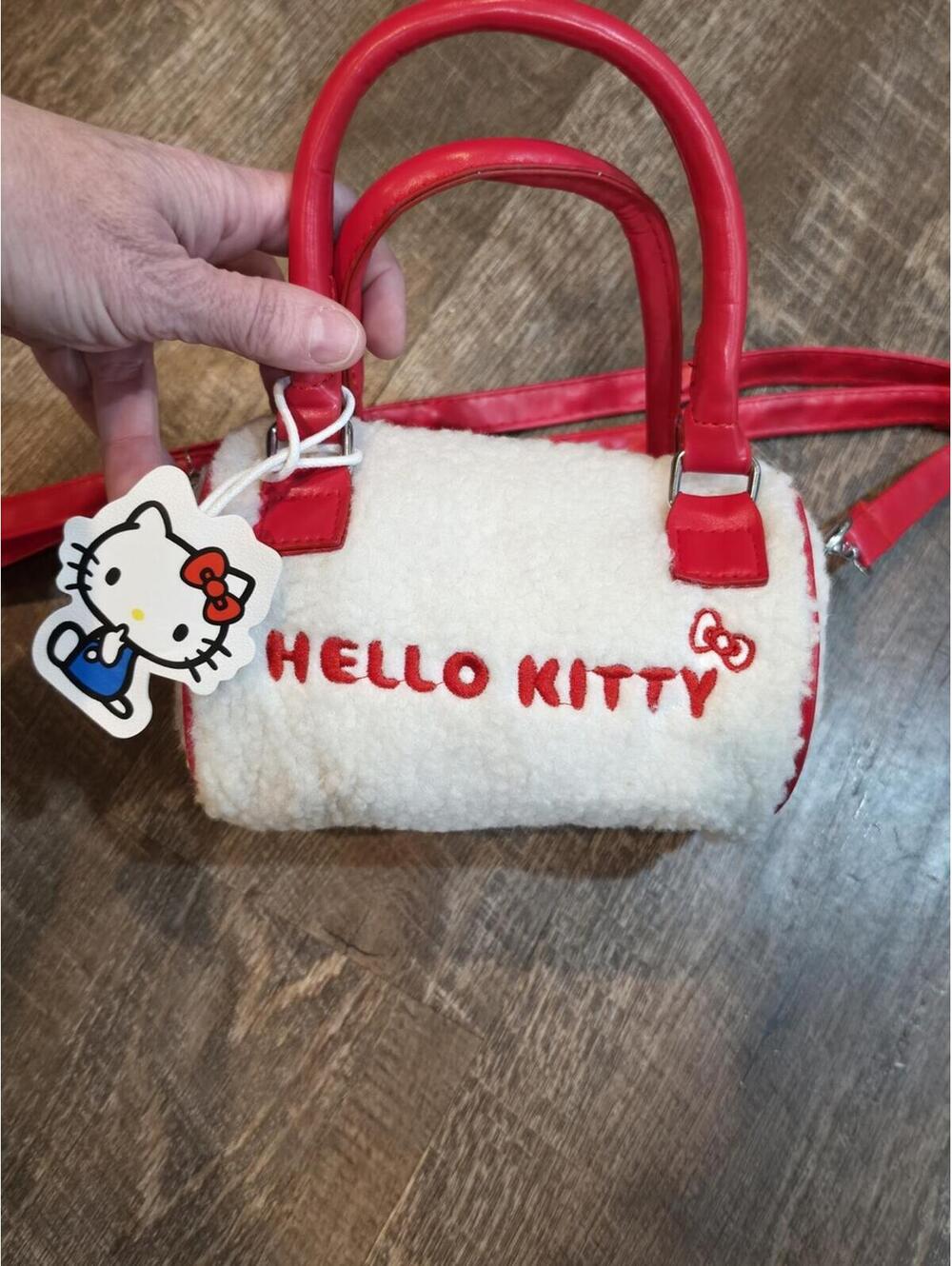 Hello Kitty Faux Shearling Mini Bag in White & Red